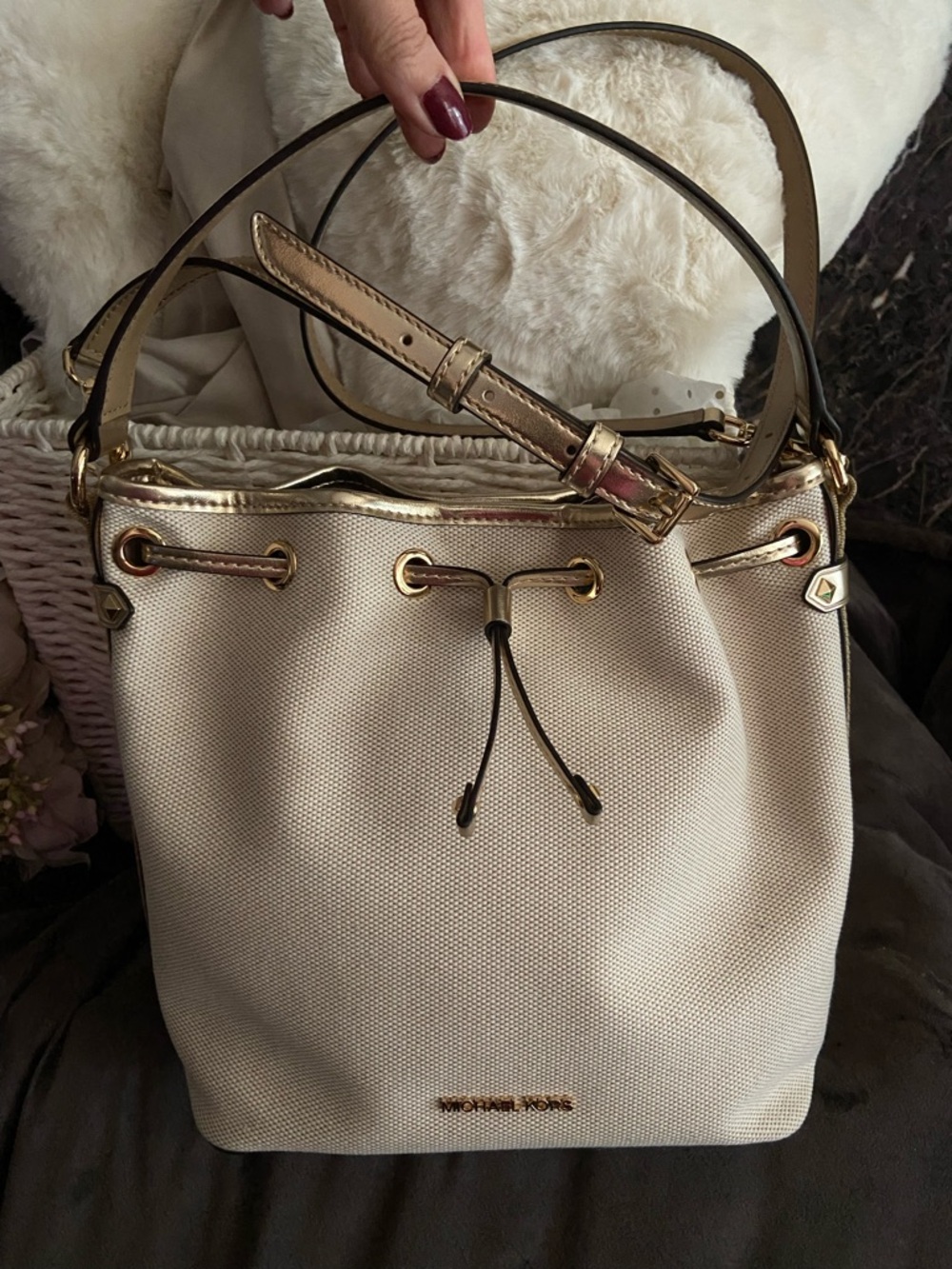 Michael Kors Cream Canvas Drawstring Bucket Bag with Gold Hardware